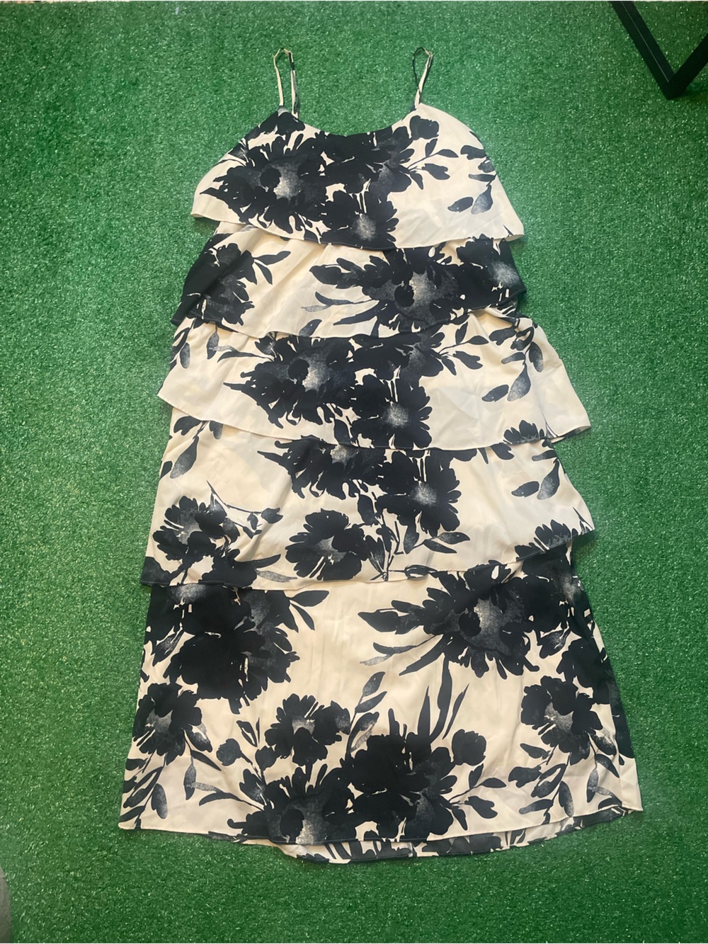 Old Navy Black and Cream Floral Strapless Tiered Dress